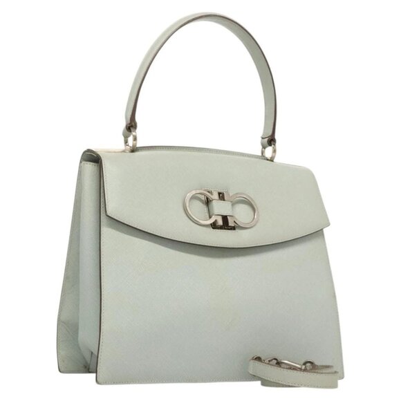 Salvatore Ferragamo Gancini Hand Bag Safiano 2way Light Blue Silver Auth BA1740 - Picture 1 of 16